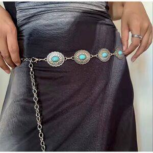 New Western Turquoise Concho Belt Silver Tone Boho Cowgirl Festival Belt 43”